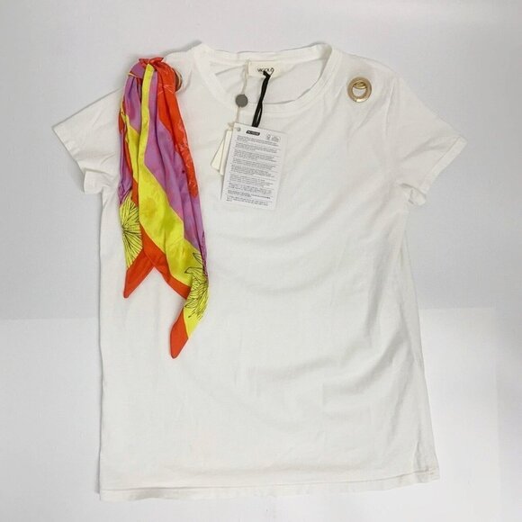 ViCOLO WOMEN LUXURY White TEE TOP BLOUSE With Satin Tie Italy Made Sz XL NWT - Picture 3 of 17